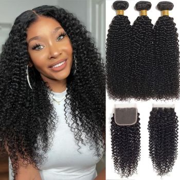 Curly Human Hair Bundles with Closure Virgin Hair 3 Bundles with 4x4 Lace Closure
