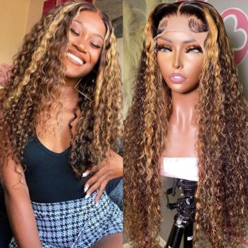 13x4 Highlight HD Lace Front Wig P4/27 Curly Human Hair