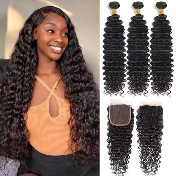 Deep Wave Bundles with Closure Virgin Human Hair 3 Bundles with 4x4 Lace Closure