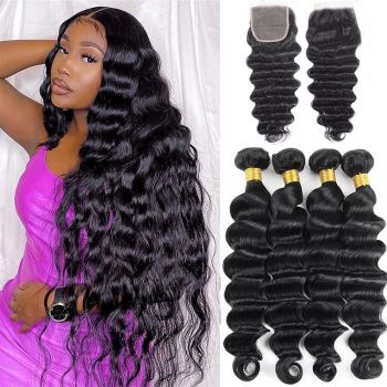 4 Bundles Loose Deep Wave Human Hair Extensions with 4x4 Lace Closure