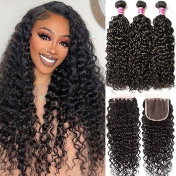 3 Bundles Water Wave Virgin Human Hair with 4x4 Lace Closure