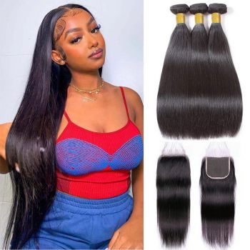 Straight Human Hair 3 Bundles with 4x4 Lace Closure Virgin Hair Weave
