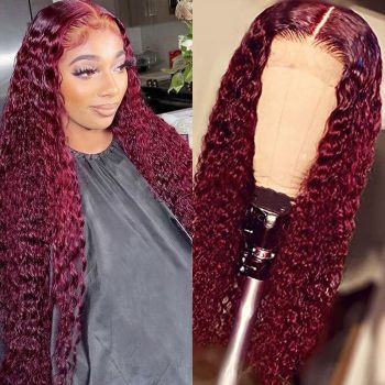 99J Burgundy Wear and Go Glueless Wig Human Hair 4x4 Deep Wave Lace Closure Wigs