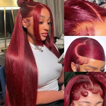 Burgundy 13x6 HD Lace Front Wig Straight Human Hair Transparent Pre Plucked