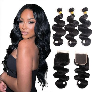 Body Wave Hair 3 Bundles with 4x4 Lace Closure Human Hair Weave with Closure