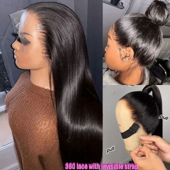 Invisi-Drawstring 360 Lace Wig Straight Human Hair Snug Fit 360 Full Lace Frontal Wig with Invisible Strap
