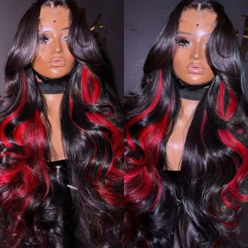 Black with Red Highlight Body Wave Lace Frontal Wig Pre Plucked 180% Density