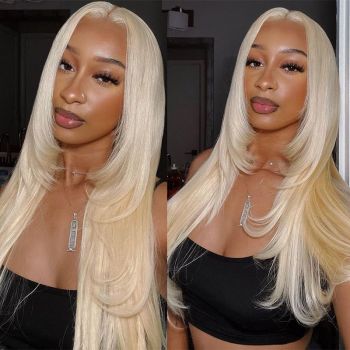 Layered Cut Straight Wig with Curtain Bangs Pre Plucked Pre Styled 613 Blonde Human Hair 13x4 Transparent HD Lace Front Wig